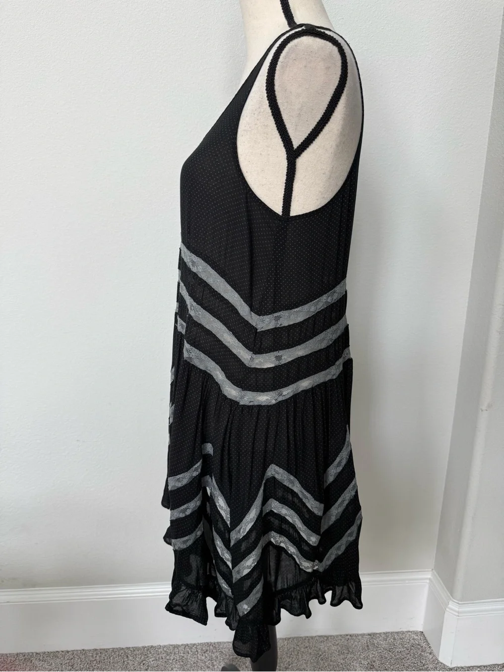 Free People Black Chemise with Gray Fots and Chevron Lace Accents